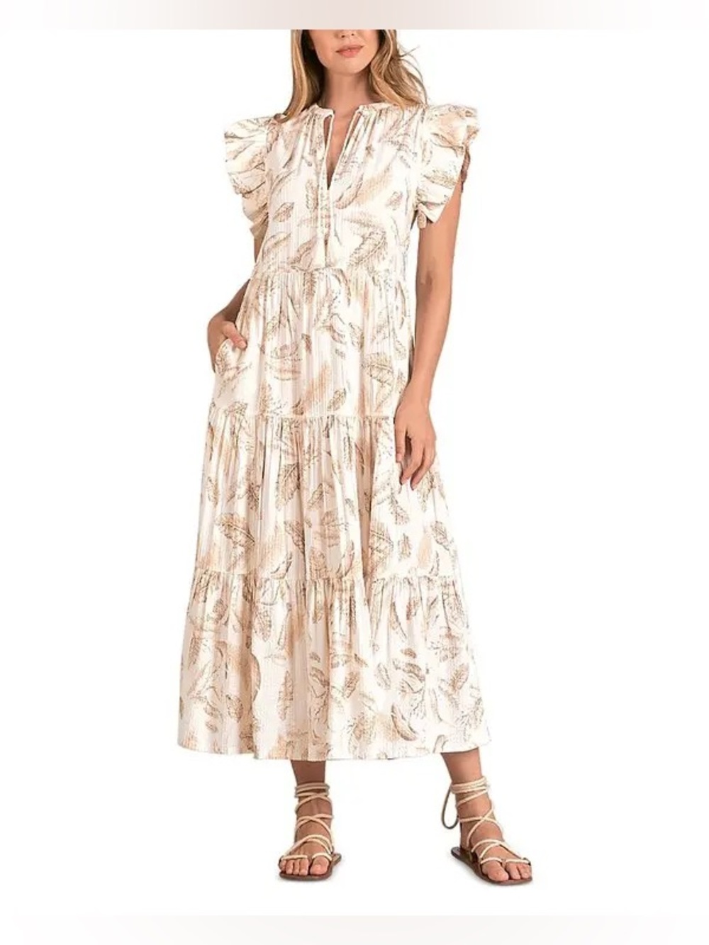 NWT - Elan Lima Tired Maxi Dress Cream & Brown Feather Print Dress Medium Flowy